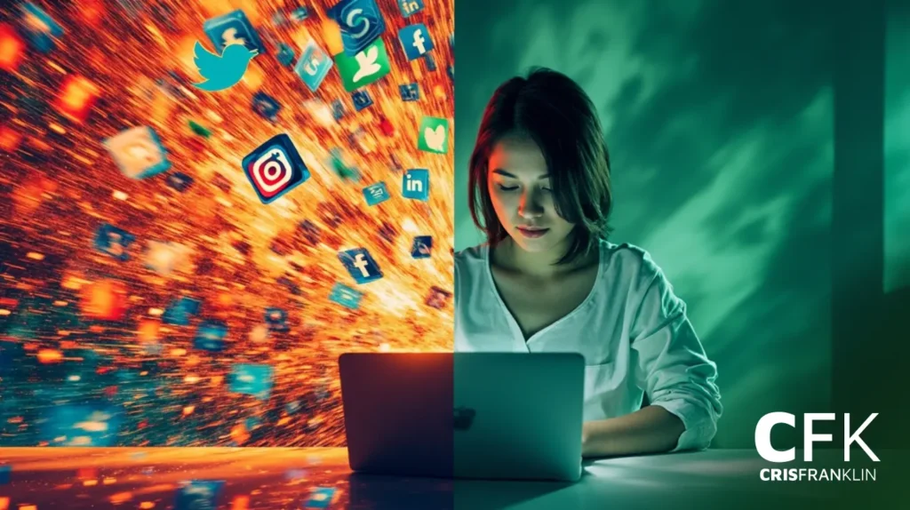 Uma mulher está sentada em um laptop enquanto ícones coloridos de mídia social surgem na tela de um lado; o logotipo do CFK Cris Franklin é visível no canto.