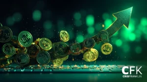Moedas de ouro e uma seta verde para cima repousam sobre um teclado de computador, simbolizando crescimento financeiro e investimento. O fundo está desfocado com luzes verdes. O texto "CFK CRISFRANKLIN" aparece no canto.