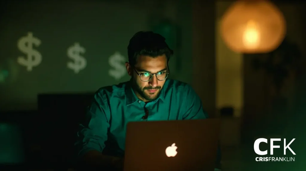 Um homem de óculos trabalha em um laptop em uma sala mal iluminada com cifrões projetados na parede atrás dele.