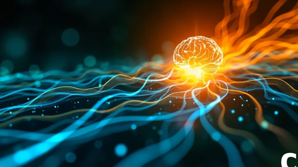 Cérebro digital brilhante emite ondas de luz laranja e azul sobre um fundo escuro, simbolizando atividade neural ou inteligência artificial.