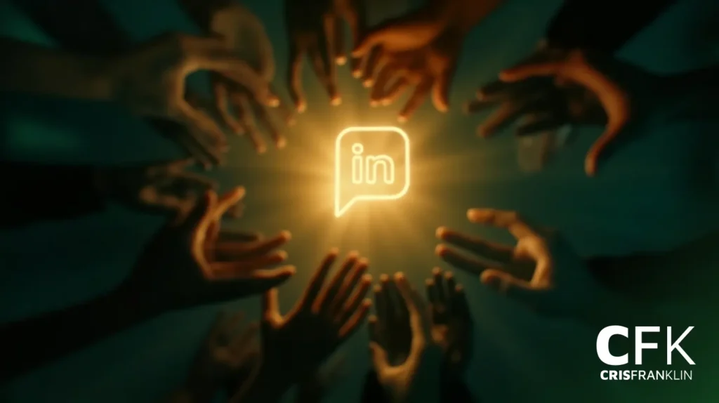 Várias mãos se estendem em direção a um logotipo brilhante do LinkedIn no centro, com um fundo escuro e a marca d'água "CFK CRISFRANKLIN" no canto.