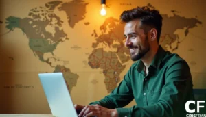 Um homem de camisa verde sorri enquanto usa um laptop em uma mesa, com um mapa-múndi e uma lâmpada acesa na parede ao fundo.