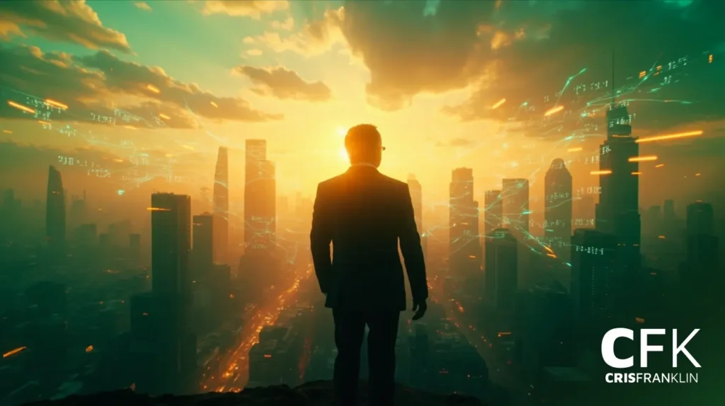 A silhueta de um homem de terno está em um penhasco com vista para uma cidade futurista ao pôr do sol, com linhas digitais no céu e o texto “CFK CRISFRANKLIN” no canto.