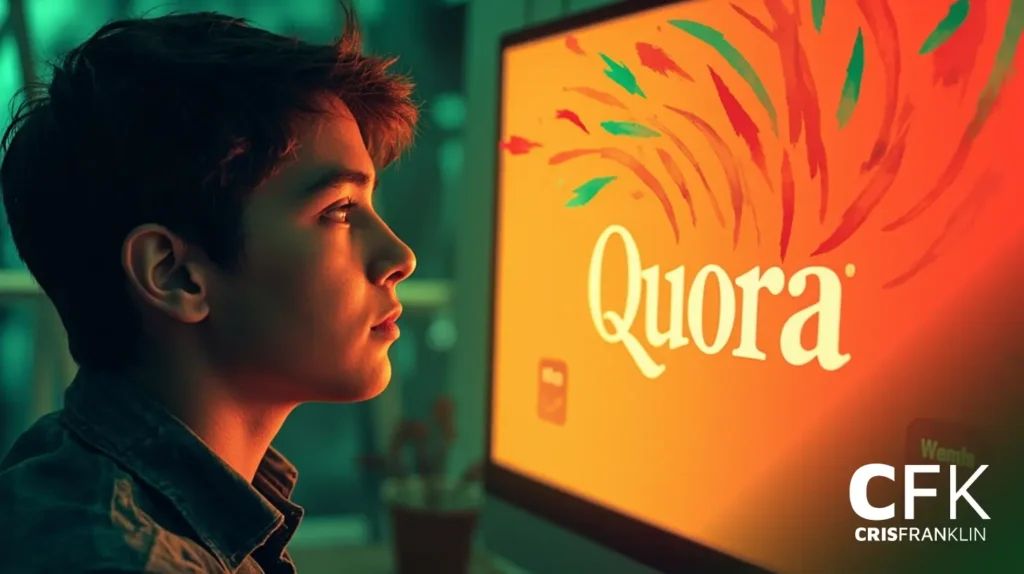 Um jovem sentado de perfil, observando atentamente uma tela de computador exibindo o logotipo do Quora com elementos gráficos coloridos e a marca d'água CFK no canto.