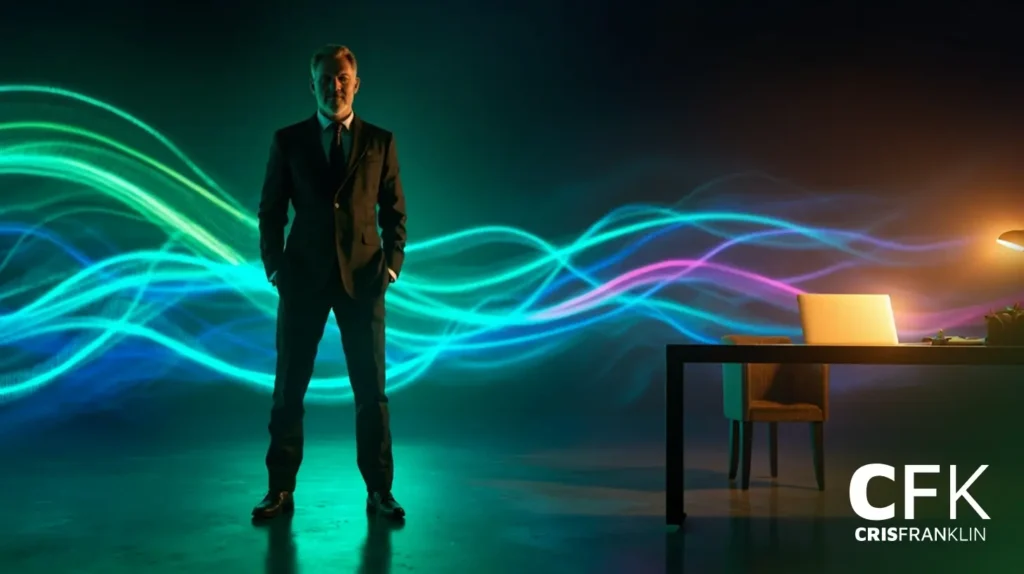 Um homem de terno está confiante em uma sala mal iluminada com rastros de luz neon ao fundo, ao lado de uma mesa com um laptop. O texto "CFK CRISFRANKLIN" aparece no canto.