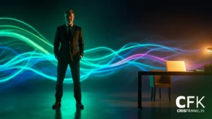 Um homem de terno está confiante em uma sala mal iluminada com rastros de luz neon ao fundo, ao lado de uma mesa com um laptop. O texto "CFK CRISFRANKLIN" aparece no canto.