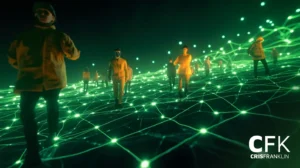 Pessoas caminham sobre uma superfície escura iluminada por linhas e nós verdes brilhantes interconectados, assemelhando-se a uma rede digital. A imagem está marcada com o texto "CFK CRISFRANKLIN".