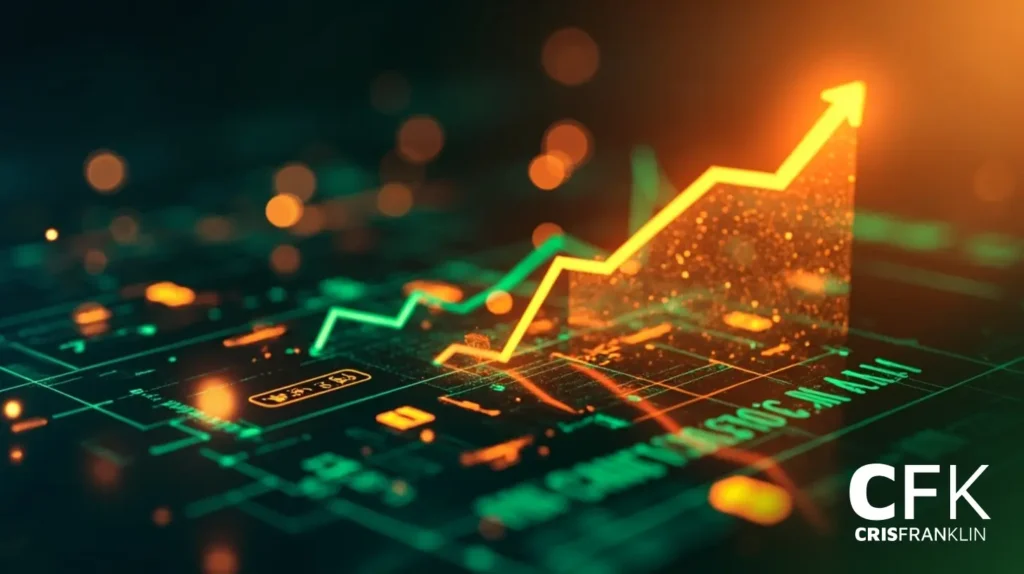 Uma seta ascendente brilhante sobrepõe-se a um gráfico financeiro digital, indicando o crescimento do mercado. O logotipo "CFK CRISFRANKLIN" aparece no canto inferior direito.
