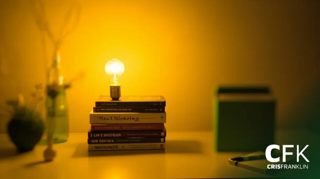 Uma lâmpada acesa sobre uma pilha de livros sobre uma mesa, com uma planta desfocada e uma caixa ao fundo. A imagem tem uma iluminação amarela suave.
