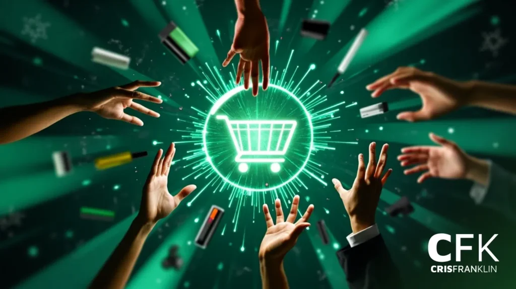 Várias mãos se estendem em direção a um ícone brilhante de carrinho de compras no centro, com vários dispositivos e itens eletrônicos flutuando em um fundo verde.