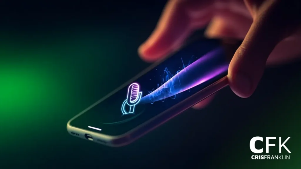 Uma mão segura um smartphone exibindo um ícone de microfone brilhante e um gráfico de onda sonora na tela, com um fundo escuro e desfocado.