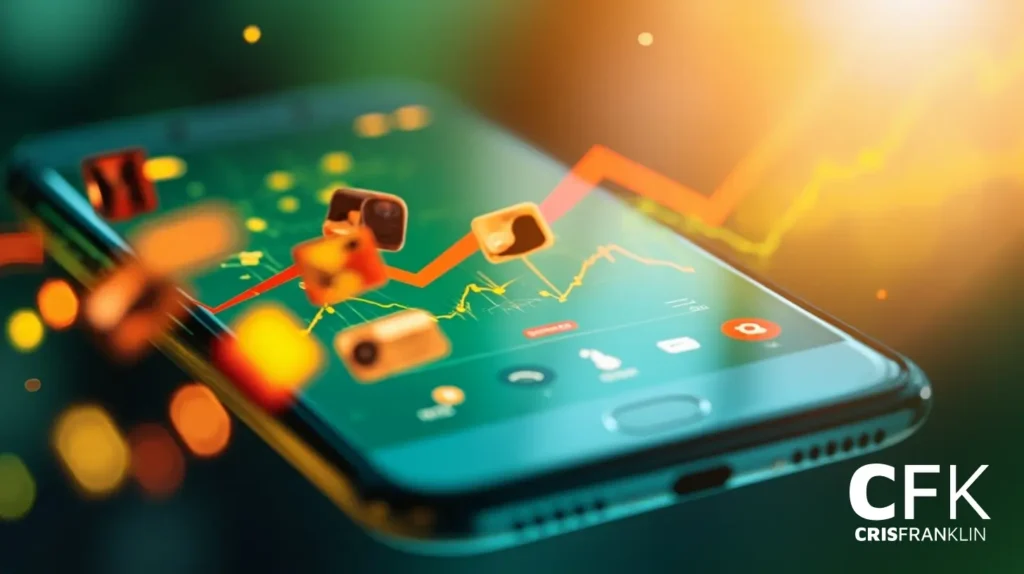 Um smartphone exibindo gráficos do mercado de ações com ícones flutuantes, indicando análise de dados financeiros. O logotipo do CFK CrisFranklin é visível no canto.