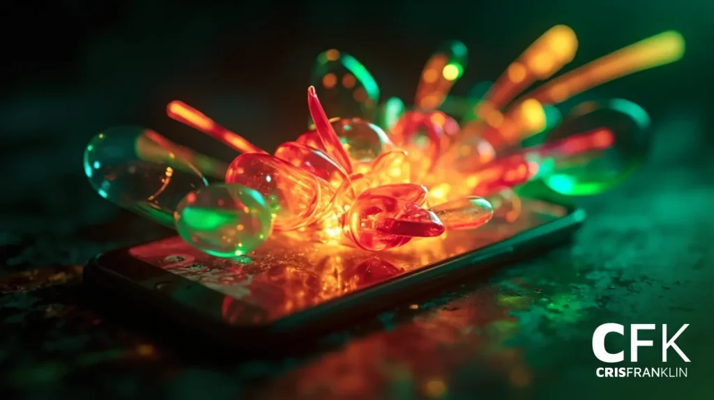 Um smartphone sobre uma superfície escura exibe formas vibrantes e abstratas de vidro em vermelho, laranja e verde, brilhando com a luz interna. As letras "CFK" e "Cris Franklin" aparecem no canto.