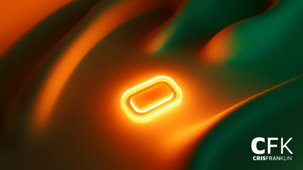 Imagem abstrata apresentando uma forma oval laranja brilhante em uma superfície ondulada, com as iniciais "CFK" e o nome "Cris Franklin" em texto branco no canto inferior direito.