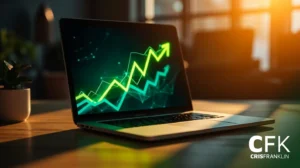 Um laptop sobre uma mesa exibe um gráfico brilhante com tendência ascendente, indicando crescimento ou progresso positivo; o logotipo do CFK Cris Franklin é visível no canto.