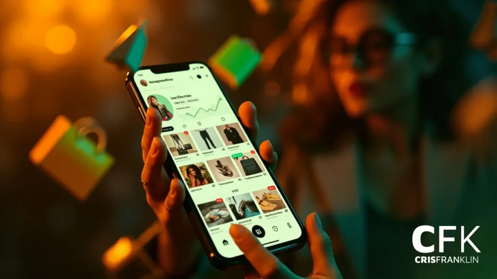 Uma pessoa segura um smartphone exibindo um aplicativo de compras, com ícones flutuantes ao fundo. O logotipo do CFK Cris Franklin é visível no canto inferior direito.