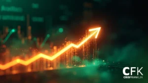 Uma seta laranja brilhante para cima representa o crescimento financeiro em um fundo abstrato digital com gráficos de dados; logotipo do CFK CRISFRANKLIN no canto inferior direito.