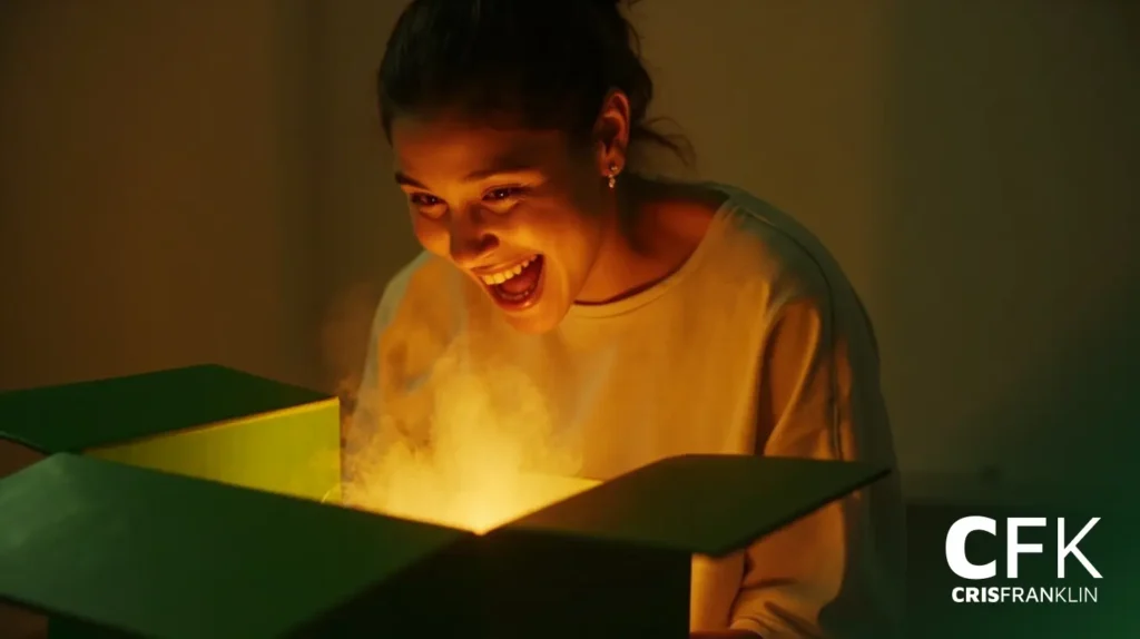Uma pessoa sorri animadamente enquanto olha para uma caixa verde aberta que emite uma luz brilhante e fumaça. As iniciais "CFK" e "CRISFRANKLIN" são visíveis no canto inferior direito.
