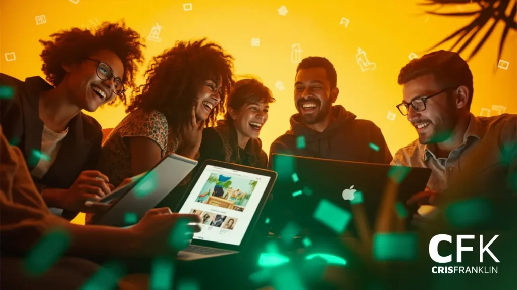 Cinco pessoas sentadas juntas, sorrindo, trabalham em laptops e notebooks, sobre um fundo amarelo brilhante, com ícones digitais e detalhes em verde. O logotipo "CFK CRISFRANKLIN" é visível.