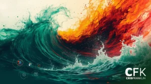Uma grande onda do oceano colide com uma onda laranja-avermelhada flamejante sob um céu brilhante; o logotipo "CFK Cris Franklin" aparece no canto inferior direito.