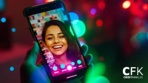Uma pessoa segurando um smartphone mostra uma videochamada com uma mulher sorridente; luzes coloridas desfocadas ao fundo. Os logotipos "CFK" e "CRISFRANKLIN" aparecem no canto.