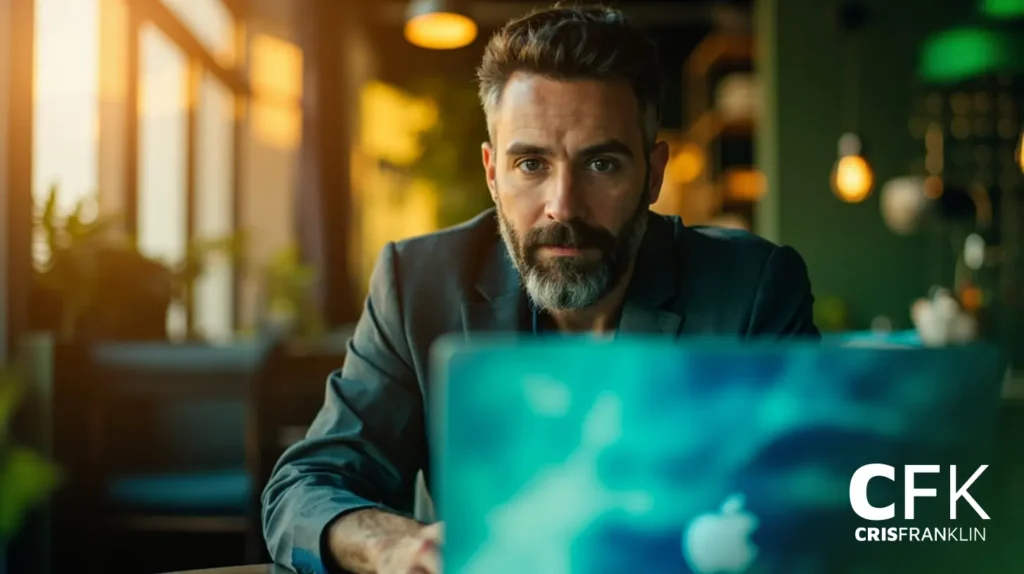 Um homem de barba e terno está sentado à mesa trabalhando em um laptop em um café moderno com pouca iluminação; o logotipo "CFK CRIS FRANKLIN" é visível no canto inferior direito.