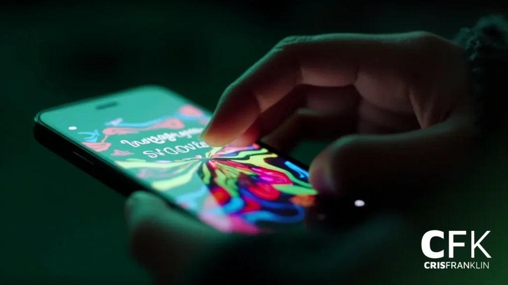 Uma mão toca a tela de um smartphone exibindo gráficos coloridos e o texto "Investindo seus US$ 1.000?". O logotipo "CFK CRISFRANKLIN" é visível no canto inferior direito.