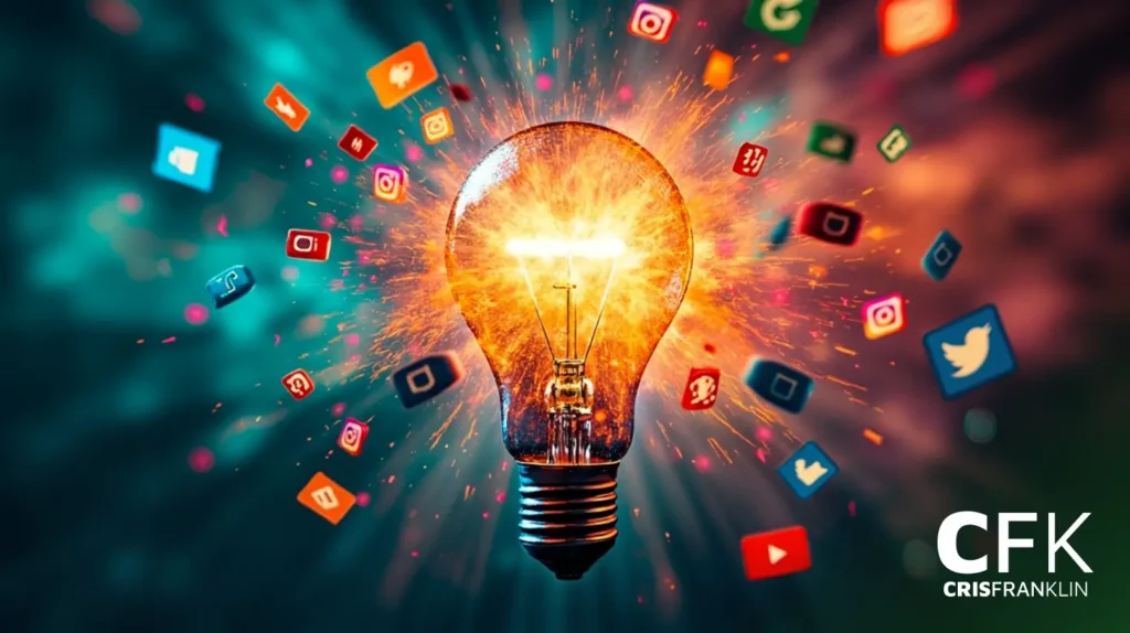 Uma lâmpada brilhante cercada por ícones coloridos de mídia social, simbolizando ideias criativas e inovação digital.