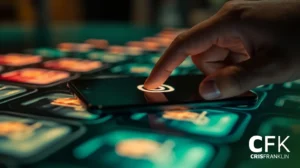Uma mão toca a tela de um smartphone colocado sobre uma superfície exibindo vários ícones coloridos de aplicativos; logotipo da CFK no canto.