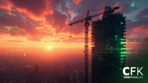 Um prédio alto em construção com um guindaste é silhuetado contra um vibrante céu de pôr do sol, com a paisagem urbana abaixo e o logotipo "CFK CrisFranklin" no canto inferior direito.