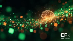 Um cérebro digital brilhante paira sobre um fluxo de blocos de dados verdes e laranja, simbolizando inteligência artificial e tecnologia. O canto inferior direito exibe o logotipo "CFK CRISFRANKLIN".