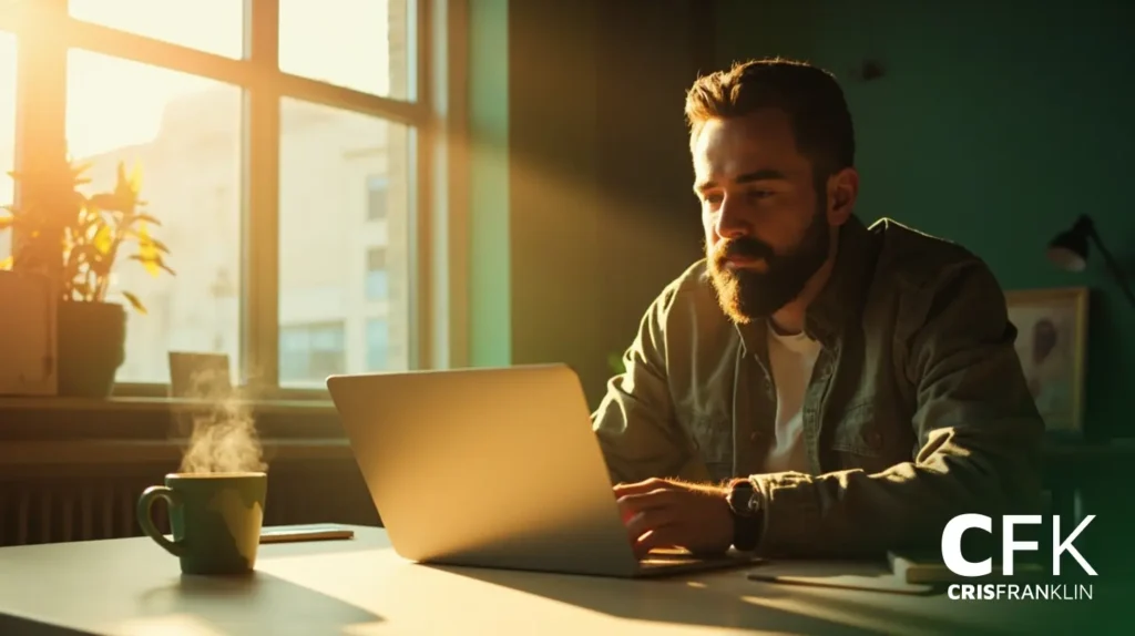 Um homem trabalha em um laptop em uma mesa perto de uma janela iluminada pelo sol, com uma caneca fumegante por perto. As iniciais "CFK" e "Cris Franklin" são visíveis no canto.
