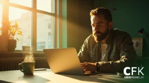 Um homem trabalha em um laptop em uma mesa perto de uma janela iluminada pelo sol, com uma caneca fumegante por perto. As iniciais "CFK" e "Cris Franklin" são visíveis no canto.