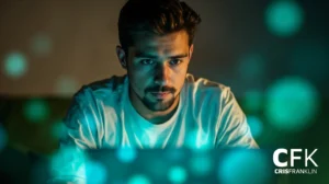 Um jovem de camisa branca olha para uma tela de computador, iluminada por luzes verde-azuladas e azuis, com as iniciais “CFK” e o nome “Cris Franklin” no canto inferior direito.