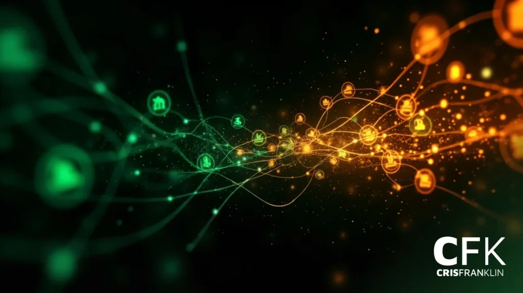 Rede digital abstrata com nós verdes e laranja conectados por linhas curvas em um fundo escuro, apresentando o texto “CFK CRISFRANKLIN” no canto inferior direito.