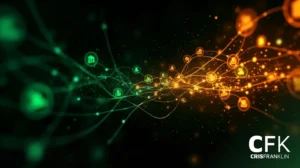 Rede digital abstrata com nós verdes e laranja conectados por linhas curvas em um fundo escuro, apresentando o texto “CFK CRISFRANKLIN” no canto inferior direito.