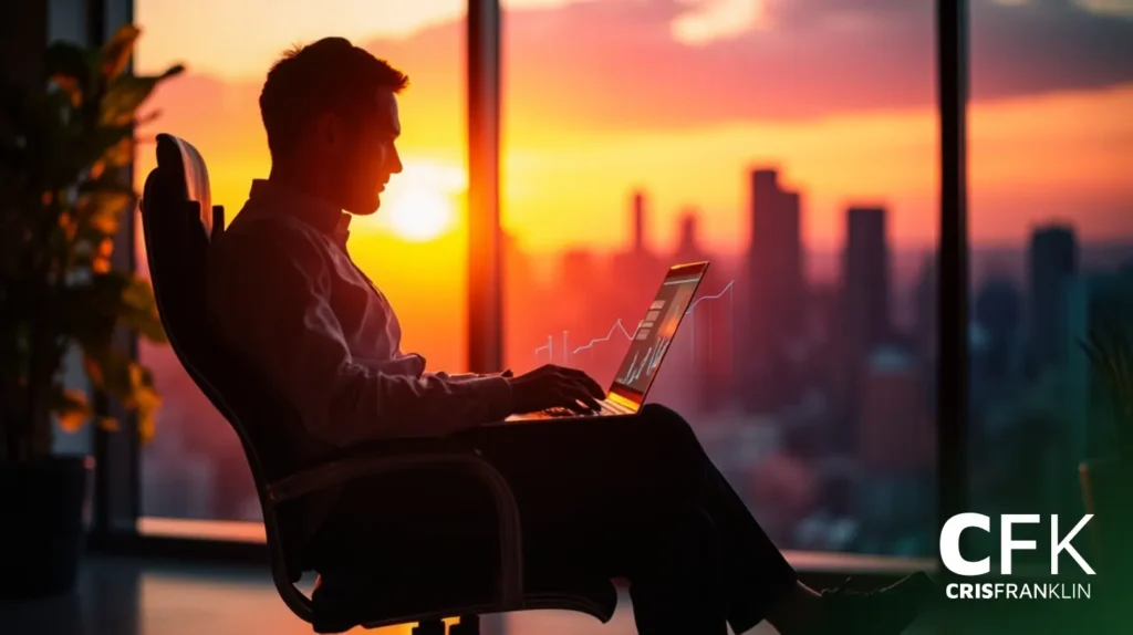 Uma pessoa trabalha em um laptop, sentada em uma cadeira de escritório, em silhueta contra o pôr do sol com o horizonte da cidade ao fundo. O logotipo "CFK CRISFRANKLIN" é visível no canto.
