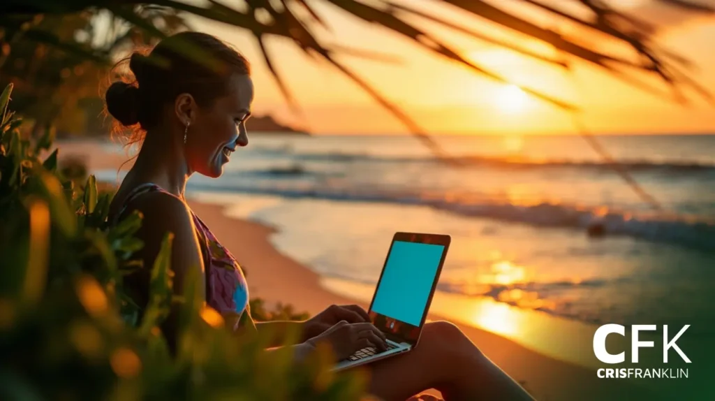 Mulher sentada na praia ao pôr do sol, usando um laptop, com ondas do mar ao fundo e plantas tropicais ao lado. O logotipo "CFK CRIS FRANKLIN" é visível no canto.