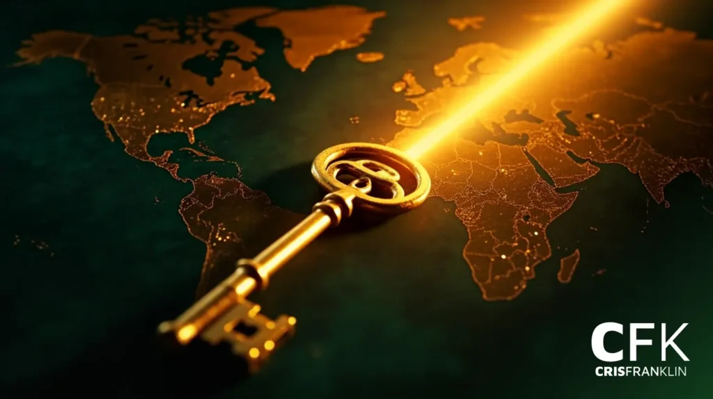 Uma chave dourada emite um feixe de luz brilhante em um mapa-múndi, destacando a conectividade global. As iniciais "CFK" e o nome "Cris Franklin" aparecem no canto inferior direito.