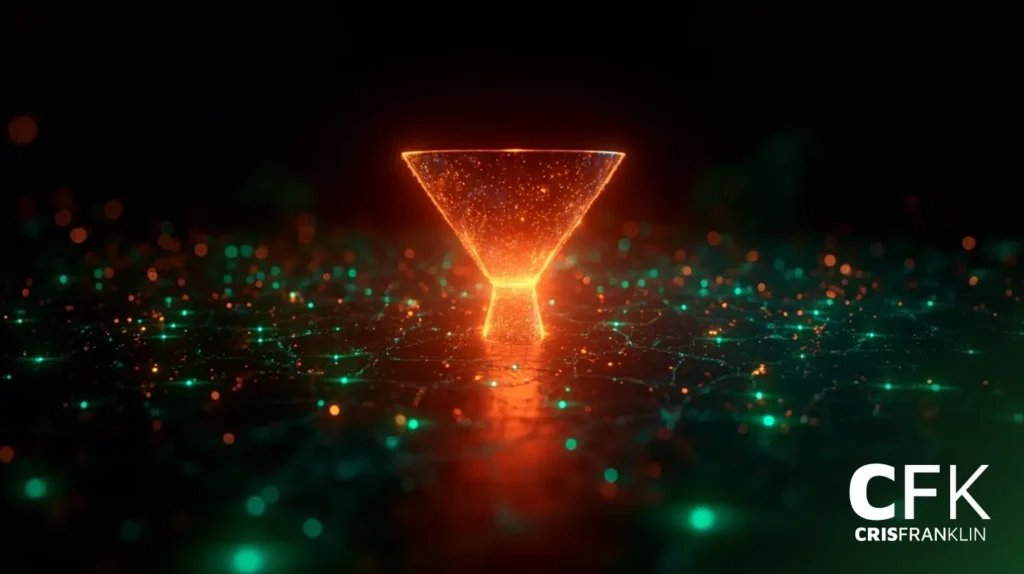 Um objeto laranja brilhante em forma de funil flutua acima de uma superfície escura com pontos iluminados em verde e laranja; "CFK CRISFRANKLIN" está no canto inferior direito.