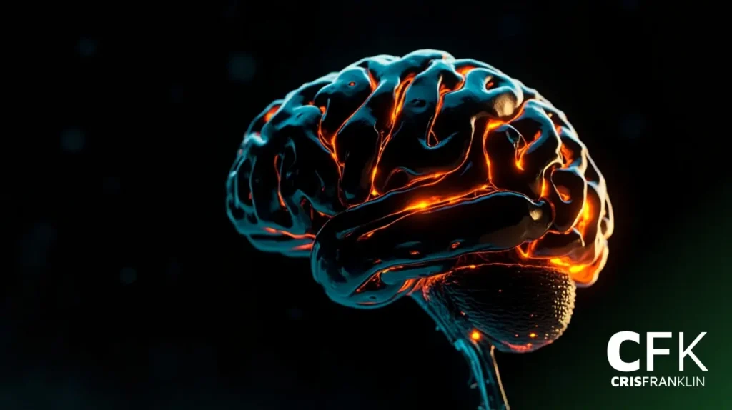 Uma renderização digital de um cérebro humano com reflexos laranja brilhantes em um fundo escuro, com o logotipo CFK Cris Franklin no canto inferior direito.