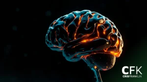Uma renderização digital de um cérebro humano com reflexos laranja brilhantes em um fundo escuro, com o logotipo CFK Cris Franklin no canto inferior direito.
