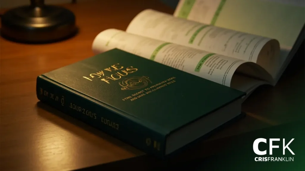 Um livro verde de capa dura intitulado "Holy Focus" está em uma mesa de madeira ao lado de um livro didático aberto, com uma lâmpada ao fundo e o logotipo "CFK CRIS FRANKLIN" no canto.