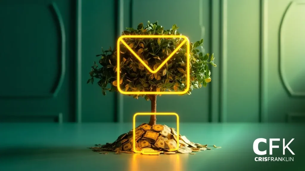 Uma pequena árvore cresce a partir de uma pilha de notas de dólar, com um ícone de envelope em neon brilhante na frente. O fundo é verde e apresenta o logotipo branco da CFK CRIS FRANKLIN.