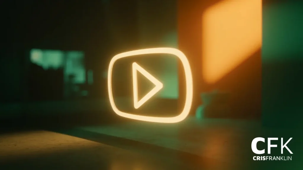 Um ícone brilhante de botão de reprodução flutua em uma sala pouco iluminada; as iniciais "CFK" e o nome "Cris Franklin" aparecem no canto inferior direito.