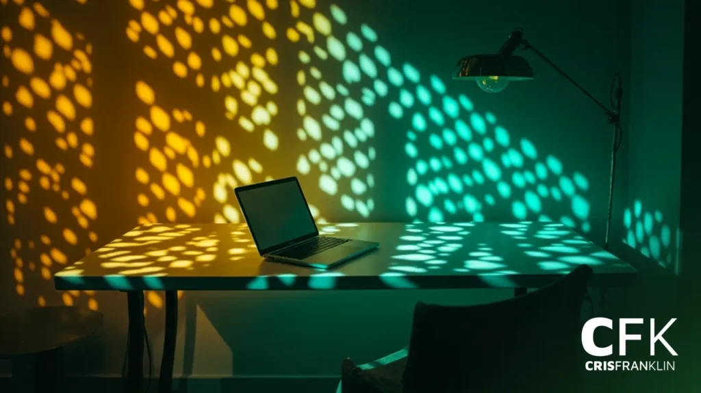 Um laptop fica em uma mesa sob uma lâmpada, com uma luz amarela e azul-petróleo projetando sombras na parede e na mesa.
