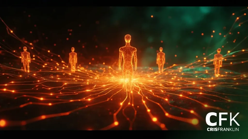 Figuras humanoides digitais conectadas por linhas de rede neural laranja brilhantes em um fundo escuro e abstrato; logotipo da CFK e Cris Franklin no canto inferior direito.
