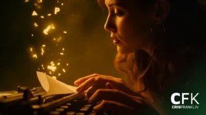 Uma mulher digitando em uma máquina de escrever com letras brilhantes flutuando no ar; a cena é iluminada com uma luz quente e amarelada. O texto "CFK CRISFRANKLIN" aparece no canto.
