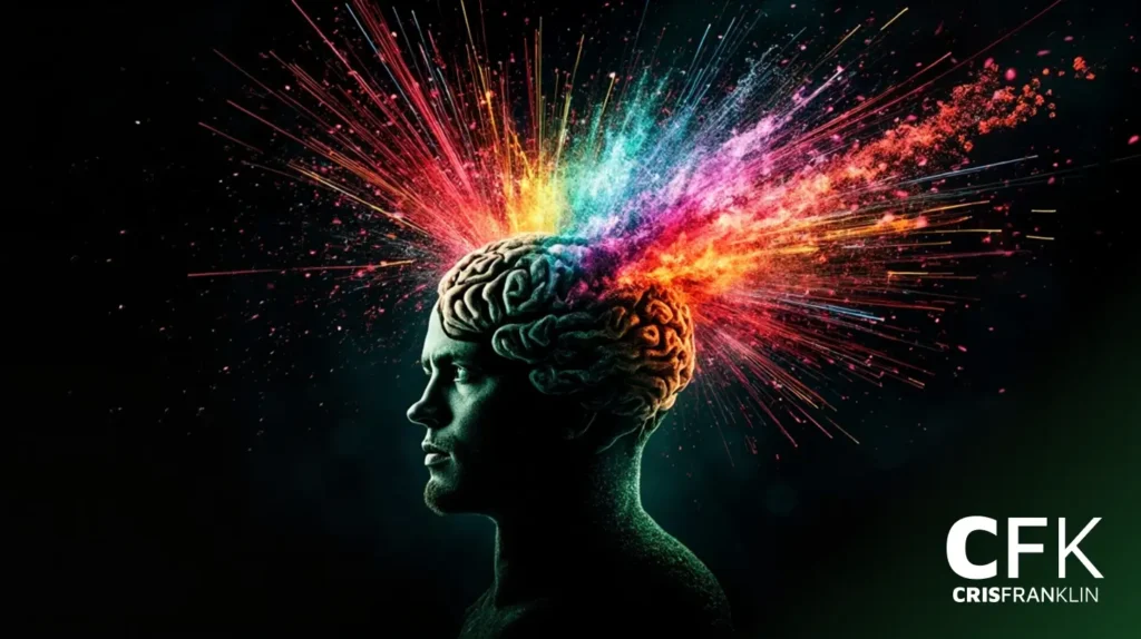 Uma ilustração digital de uma cabeça humana em perfil com uma explosão colorida de luz e energia emergindo da área do cérebro; "CFK CRISFRANKLIN" é exibido no canto.
