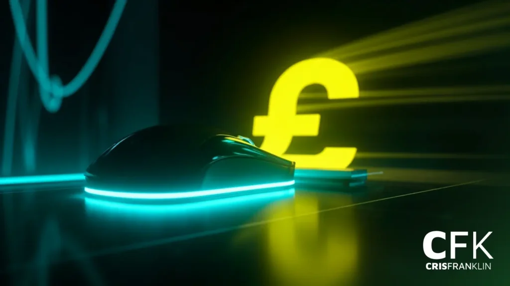 Um mouse de computador com luz neon azul fica em frente a um símbolo amarelo brilhante da moeda libra esterlina em uma superfície escura. O logotipo da CFK CRISFRANKLIN está no canto inferior direito.